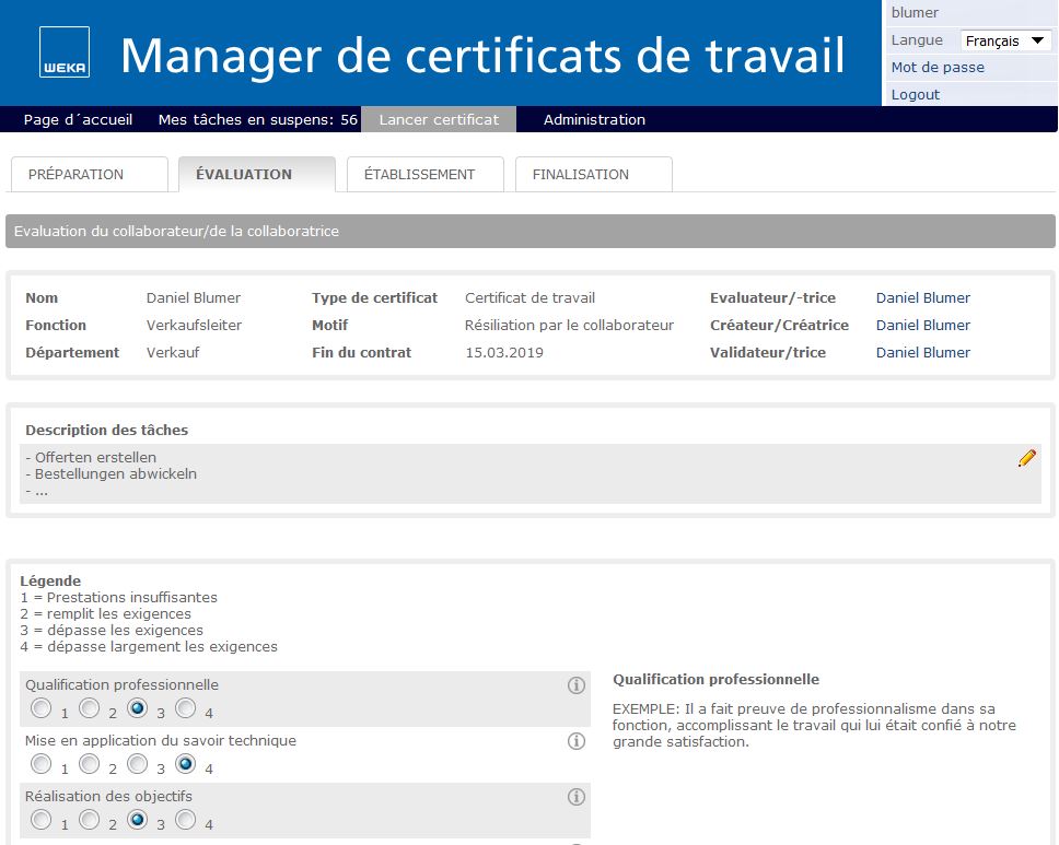 WEKA Manager de certificats de travail